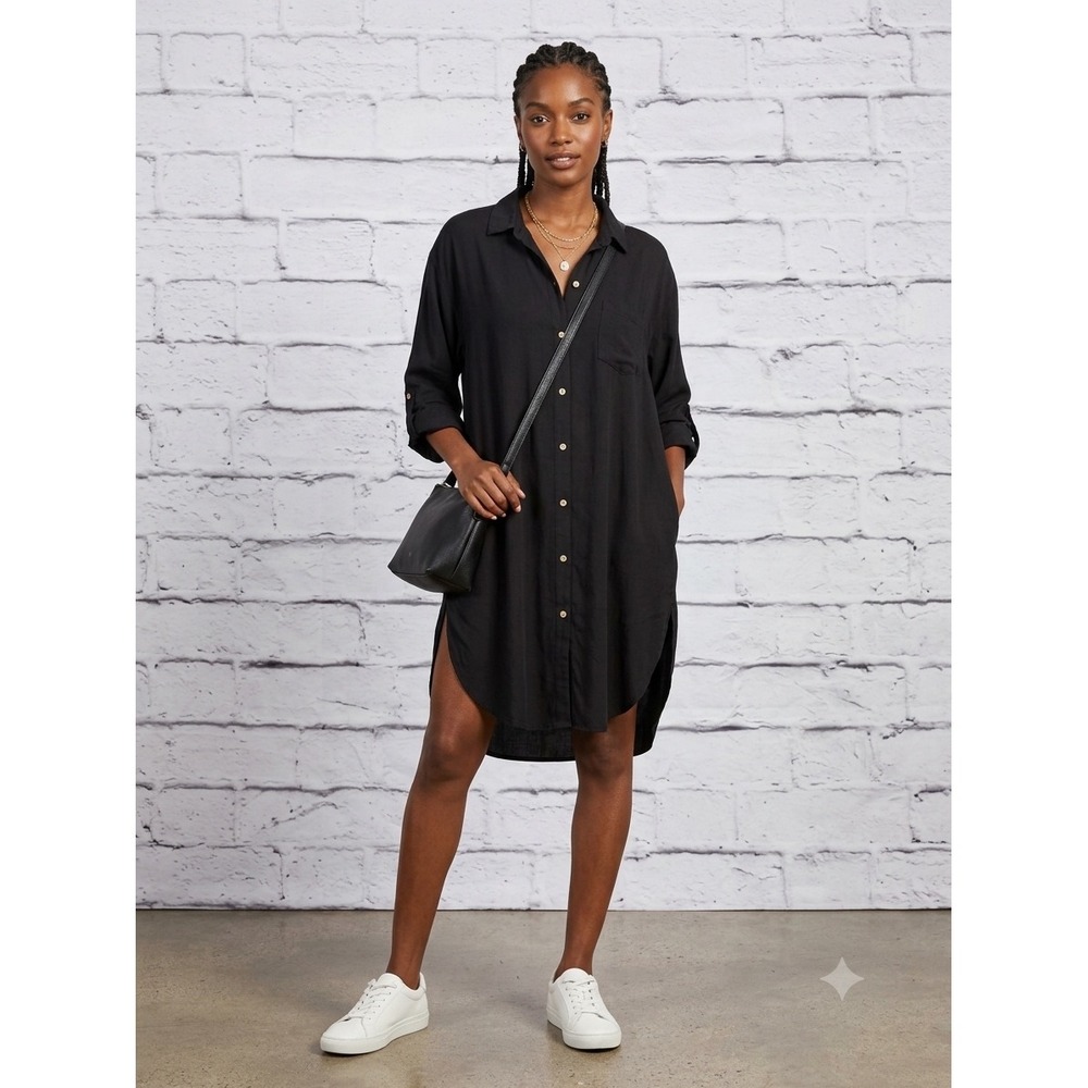 Salty Weekend Black Viscose Linen Roll Tab Sleeve Shirt‎ Dress XL